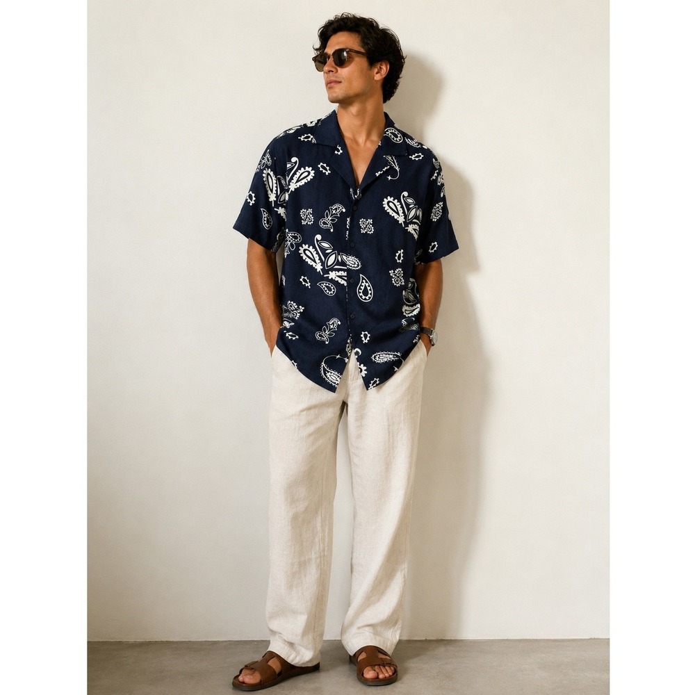 Rebel Minds Button Up Shirt Men's L Navy Paisley Linen Blend Resort Streetwear